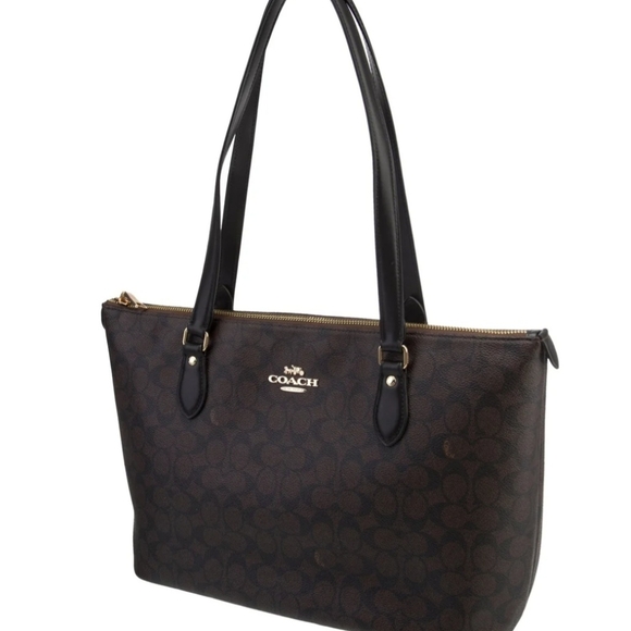Coach Dark Brown Signature Canvas Tote with Black Leather Straps - Picture 2 of 7